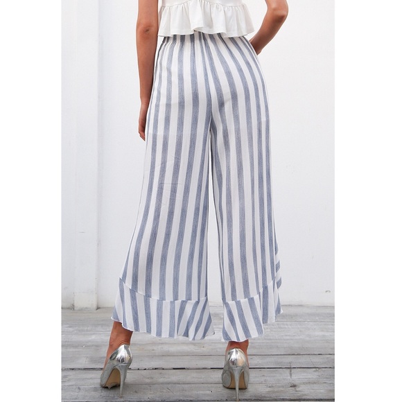 High Waisted Chiffon Striped Palazzo Pants Ruffles - Picture 3 of 13